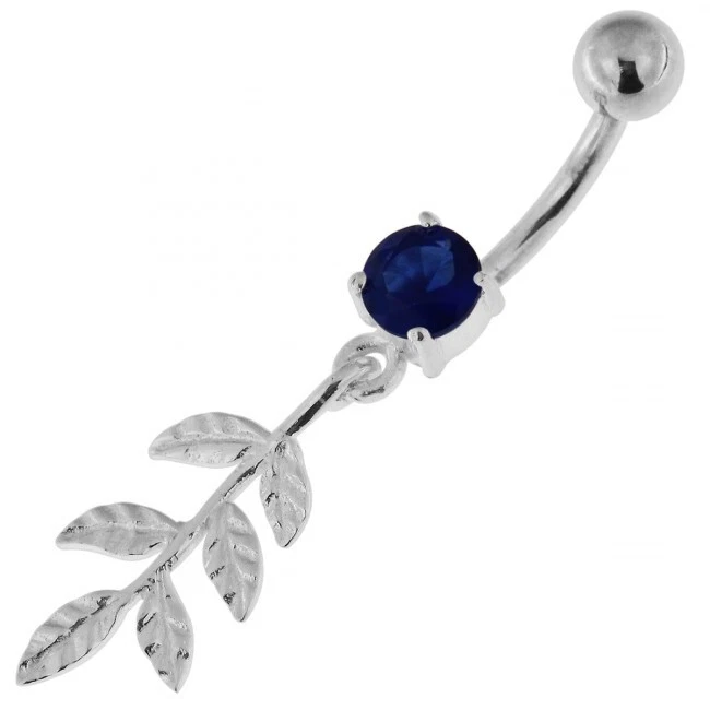 Sterling Silver Belly Bar Dark Blue Leaf Dangle Navel Piercing Ring - Image 1 of 1