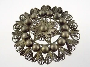 Vintage Made in Mexico Sterling Silver Filigree Circle Brooch Flower Pin 18.9g - Picture 1 of 11
