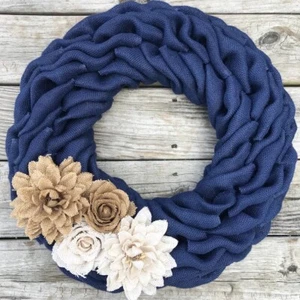 14" Navy Blue Farmhouse Burlap Wreath HANDMADE - Picture 1 of 3