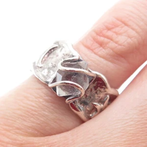 925 Sterling Silver Vintage Real Clear Quartz Modernist Band Ring Size 6.5 - Picture 1 of 8
