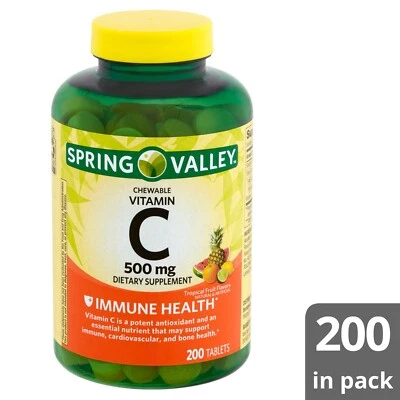 Spring Valley Vitamin C Chewable Tablets, Tropical Fruit Flavors, 500 mg, 200 ct - Изображение 1 из 4