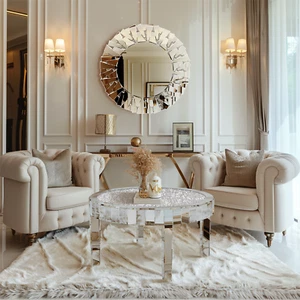 Silver Mirrored Coffee Table Round Living Room Tables with Crystal Inlay Beveled - Picture 1 of 11
