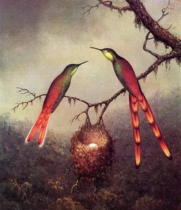Oil Martin Johnson Heade - stunning landscape & Two Hummingbirds Garding an Egg - Picture 1 of 1