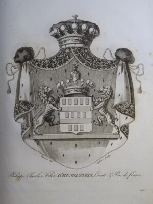 GRAVURE BLASON HERALDIQUE COMTE d'HUNOLSTEIN MOSELLE ARMOIRIES RESTAURATION 1815 - Photo 1/2