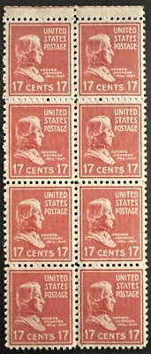 US 1938 Scott # 822 - Andrew Johnson - Block Of 8 - MNH OG - Image 1 of 2