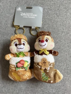 Chip & Dale 5" Bag Charm Plush Set Winter Christmas gingerbread man Disneyland  - Image 1 of 4