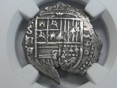 1590 PHILIP II 2 REAL COB NGC AU50 SEVILLA SPANISH SILVER COLONIAL ERA 1500s - Image 1 of 4