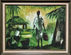 Excelente pintura al óleo post-impresionista de mediados del siglo XX vintage de aldea africana - Imagen 1 de 10