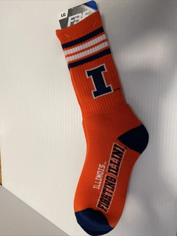 Illinois Illini Crew Socks Large Size 10 to 13 4 Stripe Cover