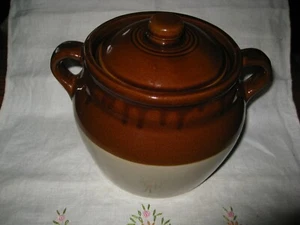 MONMOUTH POTTERY BROWN-DRIP POT CROCK CANISTER USA VINTAGE DOUBLE HANDLED w/LID - Picture 1 of 11
