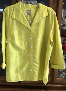 CHICO'S Chartreuse Linen Blend Button Up L/S Blouse Size 3= XL Chartreuse NWT - Picture 1 of 17