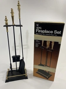 4 Pc. Fireplace Tool Set Poker, Shovel, Brush, Stand Black & Gold Brass 29" Tall - Picture 1 of 12