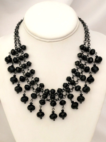 VETEMENTS Collana collare catena BIB tono canna di fucile pendenti perle vetro sfaccettato nero 18" L