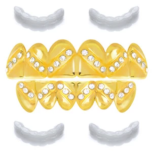 Hip Hop Zig Zag Iced GRILLZ Gold Tone Top Bottom Teeth Caps LS 614 G 2 ext Bar - Picture 1 of 4