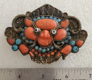 Vintage Rare Turquoise & Coral Tibetan Rams Deity Buckle  - Picture 1 of 8