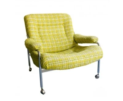 Sillón sueco cromado vintage Broderna Anderssons brazo rodante a cuadros amarillo Foto 1 de 4
