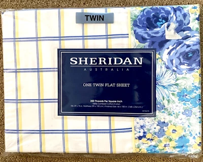 SHERIDAN Blue Meadow Floral Cotton Twin Flat Sheet NEW - Image 1 of 4