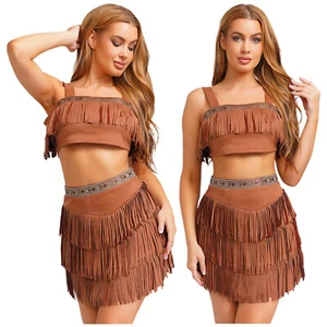 Womens Native Princess Cosplay Crop Top and Skirt Set Aboriginal Tribe Costumes - Picture 1 of 24