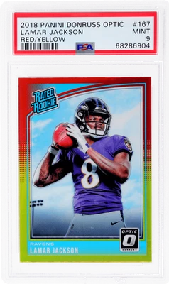 2018 Donruss Optic Lamar Jackson Rated Rookie Red and Yellow #167 PSA 9 RC - Image 1 of 2