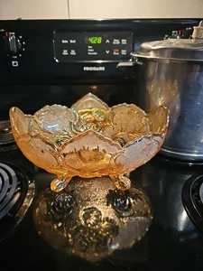 Vintage JEANETTE MARIGOLD CARNIVAL GLASS LOMBARDI PATTERN Footed Fruit Bowl 9.5” - Picture 1 of 8