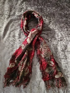 Luxurious Scarf Womens Red Floral Gathered Ruffled Fringed Ends Accent  (C2) - Picture 1 of 4