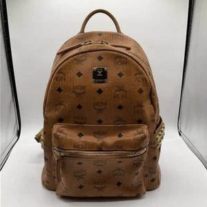 MCM Visetos Brown Cognac Monogram Gold Studded Leather Backpack - Picture 1 of 18