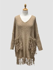 Supercosy Grobstrick Oversize Long V Neck Fransen Pullover 14-20 - Bild 1 von 1