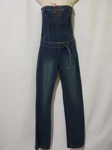 VINTAGE HOT KISS BLUE JEAN JUMPSUIT MEDIUM TUBE TOP STRETCH DENIM BELTED SEXY - Picture 1 of 8