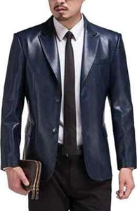 Men Blazer Blue Two-Button Handmade Leather Genuine Lambskin Formal Office Wear - Picture 1 of 6