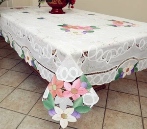 Hawaiian Flower Embroidered Battenburg Lace with Sheer Tablecloth OB White/Ivory - Picture 1 of 7