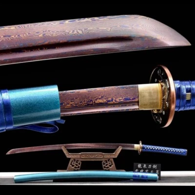 Espada Samurai Japonesa Hoja de Acero Damasco Plegada Púrpura Katana Afilada Full Tang Foto 1 de 4