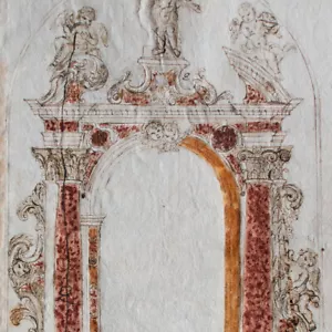Architectural Design Altar Baroque Drawing Watercolor Ink Unsigned Pre 1700 - Picture 1 of 5