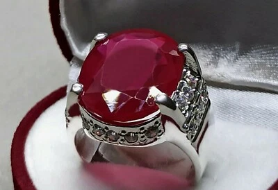 Oval Cut Big 25 Carat Red Ruby Sterling Silver 925 Handmade Yaqoot Mens Ring - image 1 of 4