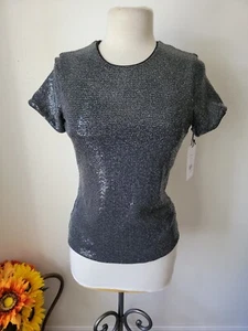 Bailey 44 Sequin Short Sleeve Blouse Top Black Size Medium Lined Back Zip $145 - Picture 1 of 13