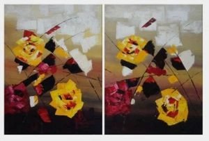 32x48 Dancing Red and Yellow Flowers 2 Canvas Set Oil Painting Modern - Picture 1 of 1