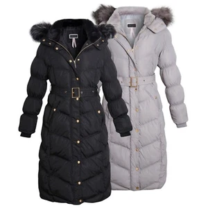 WOMENS LADIES LONG LINE HOODED PUFFER BUBBLE FAUX FUR HOOD BELTED JACKET COAT - Picture 1 of 14