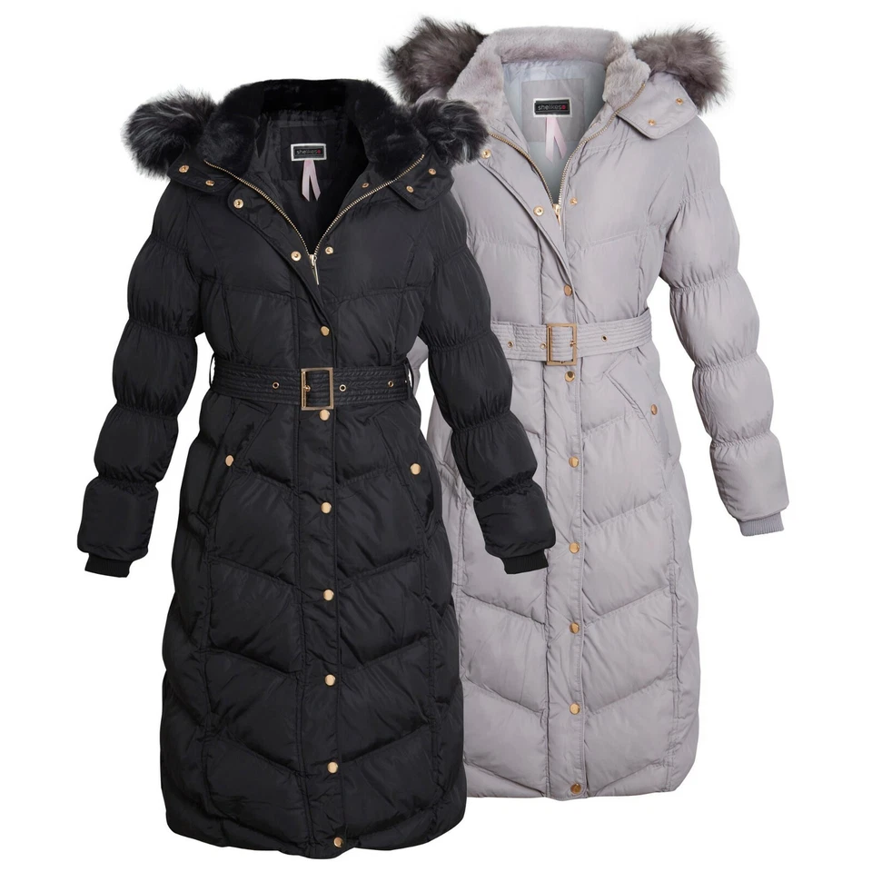 WOMENS LADIES LONG LINE HOODED PUFFER BUBBLE FAUX FUR HOOD BELTED JACKET COAT - Image 1 of 1