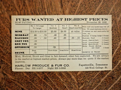 Harlow Product & Fur Co. 1958 LISTA DE PRECIOS SOBRE PIEL FAYETTEVILLE, TN Foto 1 de 2