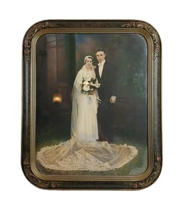 Antique Early 1900's Wedding Framed Photo Bride & Groom 24" x 19" - Picture 1 of 9