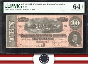 T-68 1864 $10 CONFEDERATE CURRENCY PMG 64 EPQ CIVIL WAR TEN DOLLAR BILL 40573 - Picture 1 of 3
