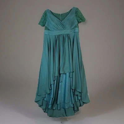 Vestido feminino JJ's House 14 azul-petróleo chiffon renda assimétrica mãe da noiva decote V - Imagem 1 de 4