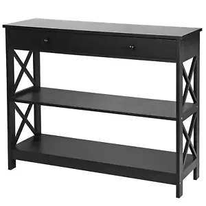 3-Tier Console Table Storage Shelf Black Sofa Table with Drawer Hallway Decor - Picture 1 of 8