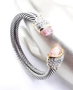 EXQUISITE 18kt Gold Plated Light Pink Crystals Tips Double Cable Cuff Bracelet