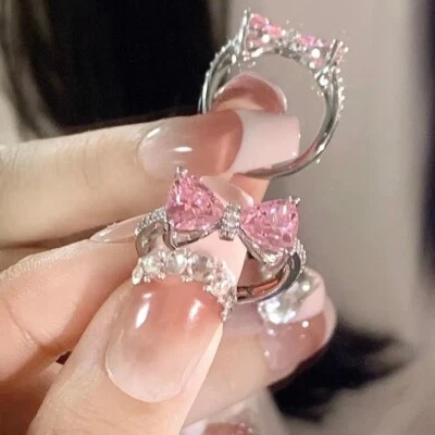 Princess's Castle Pink Bow Female Diamond Zircon French Girl Micro-inlaid Ring - Image 1 of 4