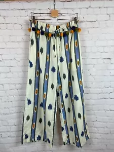 ANTHROPOLOGIE OLLARI pom pom wide leg pants cotton linen white blue mustard M - Picture 1 of 10