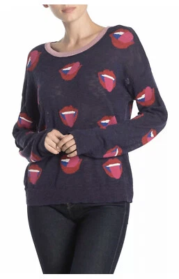 Wildfox Womens Lippy Laura Print Pullover Sweater Blue Red Long Sleeve S New * - Image 1 of 4