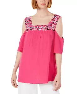 Style & Co Women's Cotton Embroidered Cold-Shoulder Top (XS, Morning Markets) - Picture 1 of 3