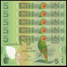 Lot 5 PCS, Fiji 5 Dollars, 2013, Polymer, P-New 115, UNC>First Prefix FFA
