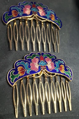 Cloisonne Metal Hair Combs Jewelry Vintage 2 Valentine Gift - image 1 of 4
