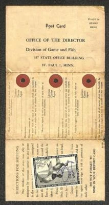 USA RW21 DUCK STAMP HENNEPIN MINNESOTA HUNTING LICENSE POSTCARD 1954 - Image 1 of 2